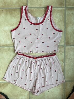 Love & Lazy Z Days Y2K 90s  cotton strawberry pink shorts/ tank pj set; size XL